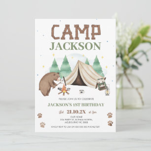 Cute Brown Bear Camp Thées 1st Birthday Inbjudningar