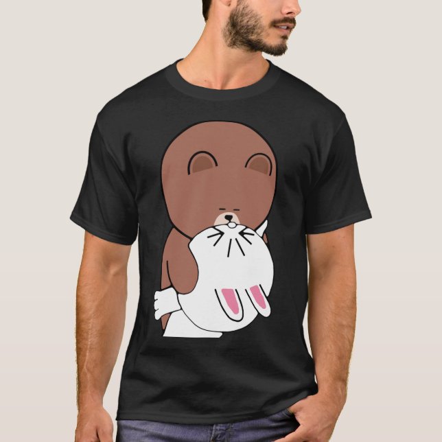 Cute Brown Bear Cony Bunny Rabbit Kiss   T Shirt (Framsida)