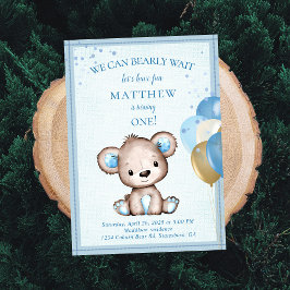 Cute Brown Bear for Boy First Birthday Investigati Inbjudningar