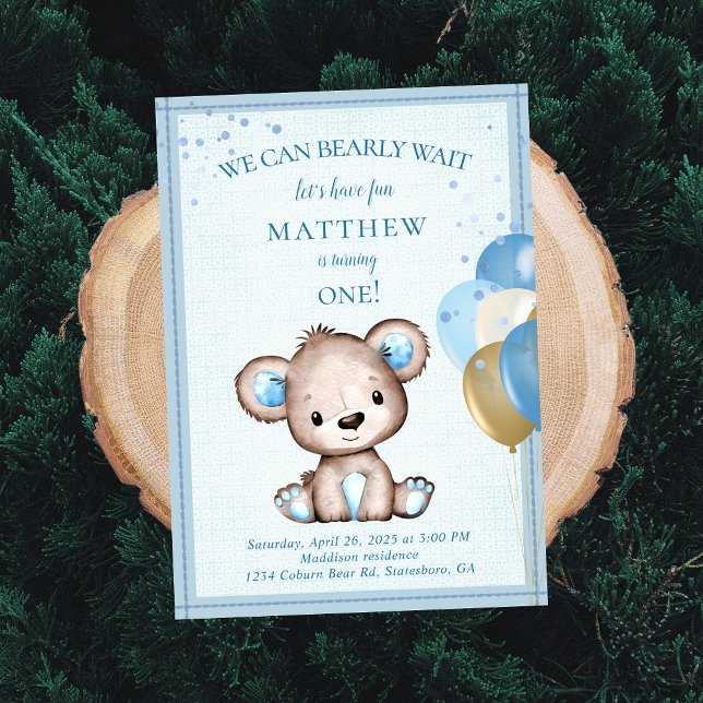 Cute Brown Bear for Boy First Birthday Investigati Inbjudningar (Skapare uppladdad)