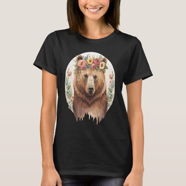Cute Brown Bear Grizzly Flower Crown Animal T Shirt (Framsida)