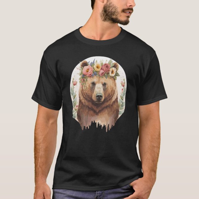 Cute Brown Bear Grizzly Flower Crown Animal T Shirt (Framsida)