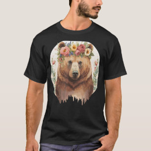 Cute Brown Bear Grizzly Flower Krona Djur älskare T Shirt
