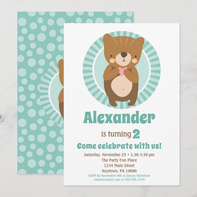 Cute Brown Bear Heart Birthday Investigation Boy G Inbjudningar (Fram/baksida)