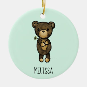 Cute Brown Bear Holger en Gult Blommans Anpassning Julgransprydnad Keramik