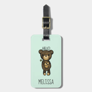 Cute Brown Bear Holger en Gult Flower Bagagebricka