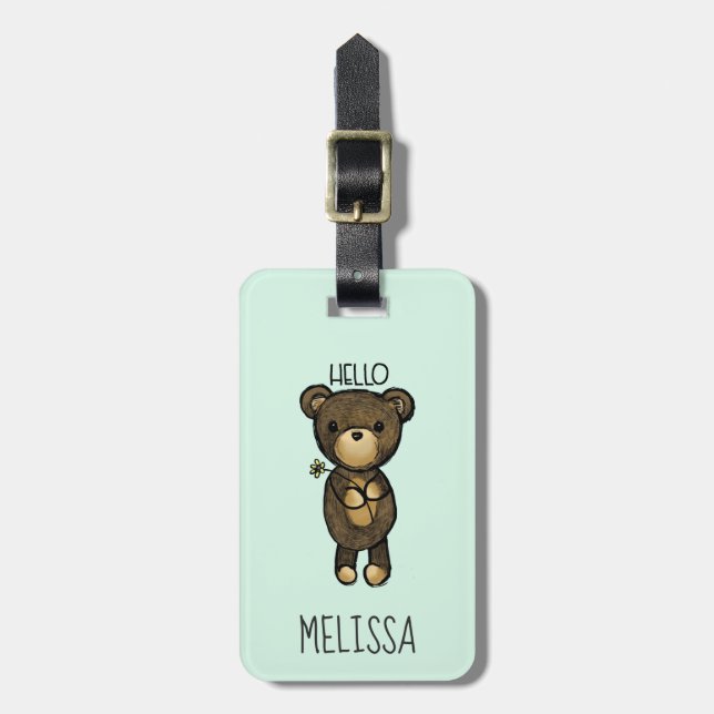 Cute Brown Bear Holger en Gult Flower Bagagebricka (Vertikal Framsida)