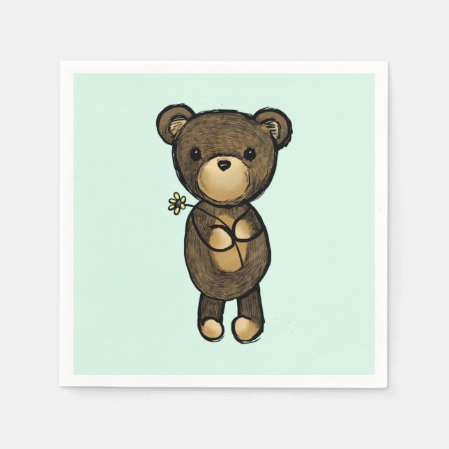 Cute Brown Bear Holger en Gult Flower Pappersservett (Framsidan)