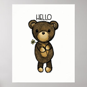 Cute Brown Bear Holger en Gult Flower Poster