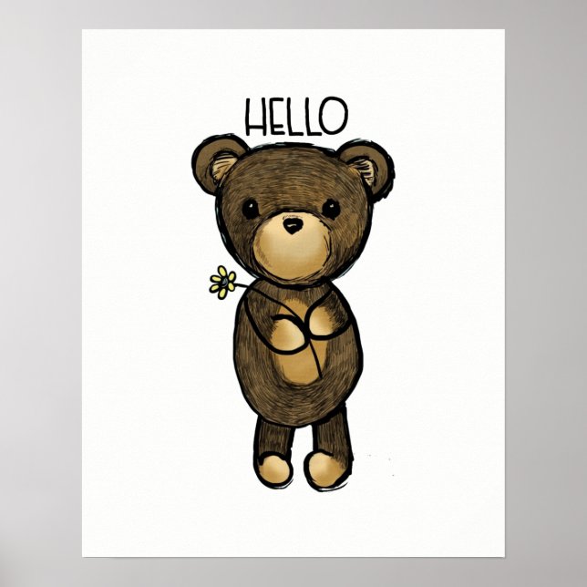 Cute Brown Bear Holger en Gult Flower Poster (Framsidan)