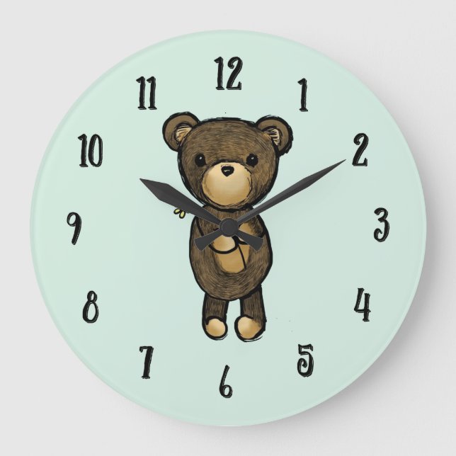 Cute Brown Bear Holger en Gult Flower Stor Klocka (Framsida)