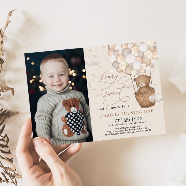 Cute Brown Bear Luftballong 1:a födelsedagen Party Inbjudningar (Skapare uppladdad)