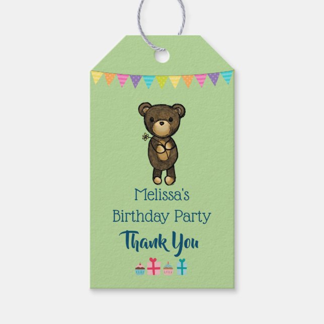 Cute Brown Bear med Gult Flower Birday Tack Presentetikett (Framsidan)
