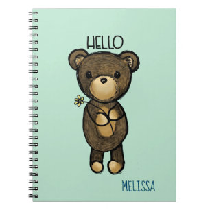 Cute Brown Bear med Gult Flower Hej Anteckningsbok Med Spiral
