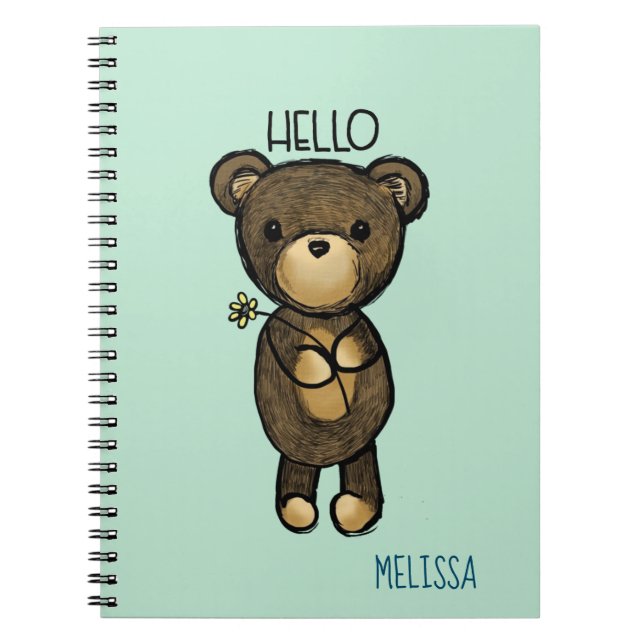 Cute Brown Bear med Gult Flower Hej Anteckningsbok Med Spiral (Framsidan)