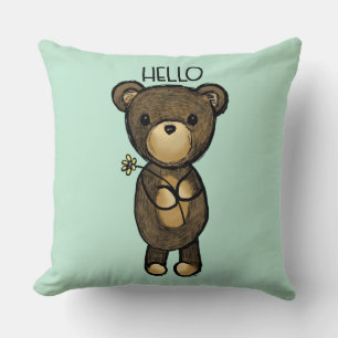 Cute Brown Bear med Gult Flower Hej Kudde