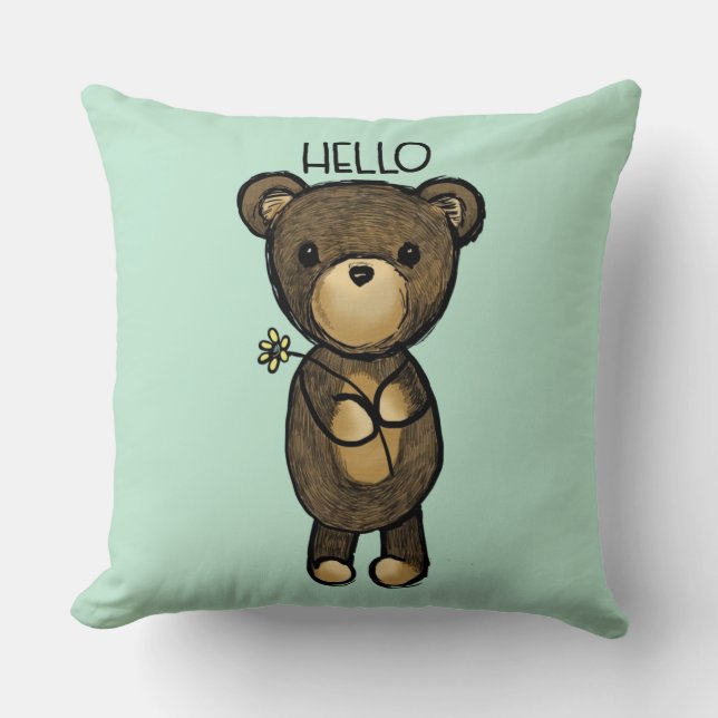 Cute Brown Bear med Gult Flower Hej Kudde (Framsida)