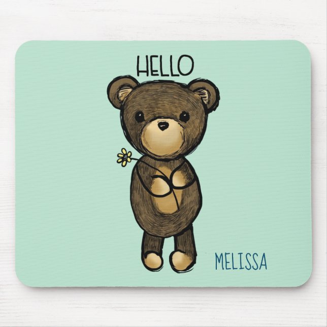 Cute Brown Bear med Gult Flower-Personlig Musmatta (Framsidan)