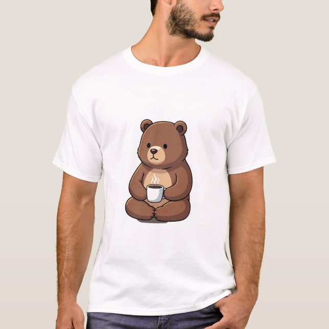 Cute Brown Bear Sitting with a Steaming Coffee Mug T Shirt (Framsida)