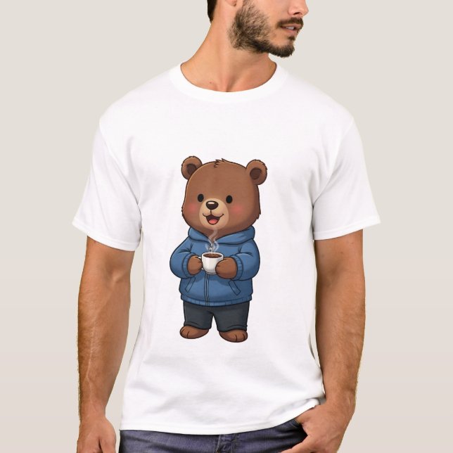 Cute Brown Bear Wearing Blue Hoodie T Shirt (Framsida)