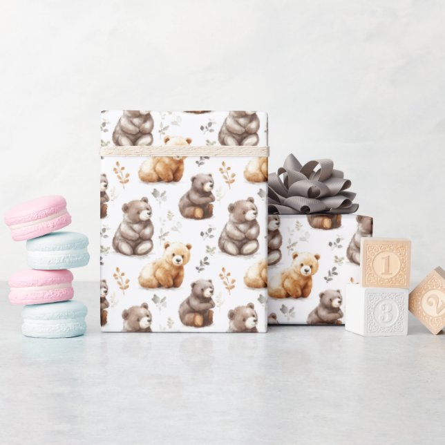 Cute Brown Bears on White Presentpapper (Baby Shower)