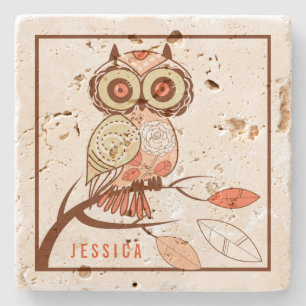 Cute Brown & Beige Uggla Illustration Underlägg Sten