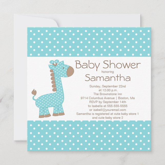 Cute Brown Blue Giraffe Boys Baby Shower Inbjudningar (Framsida)
