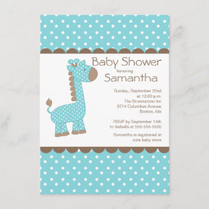 Cute Brown Blue Giraffe Boys Baby Shower Inbjudningar