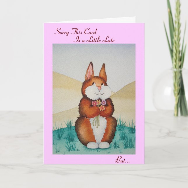 Cute Brown Bunny och blommor, försenad födelsedag Kort (Framsida)