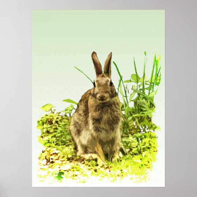 Cute Brown Bunny Rabbit i Grönt Grass Poster (Framsidan)