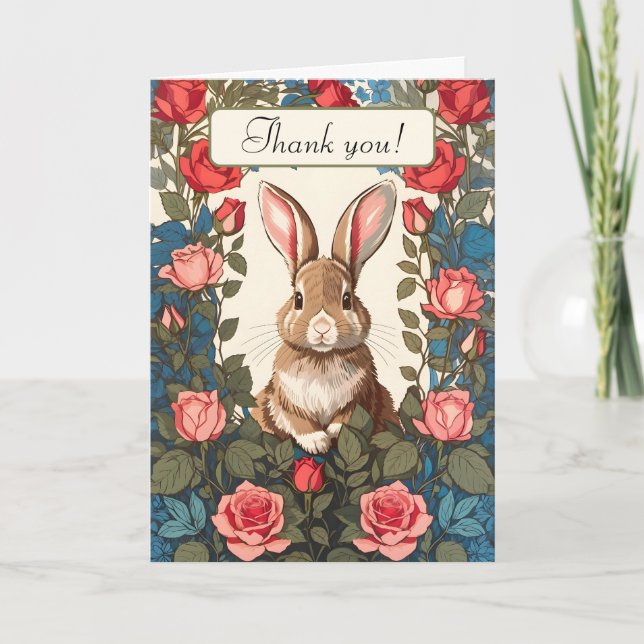 Cute Brown Bunny Rabbit Rosa ros Garden Tack Kort (Framsida)