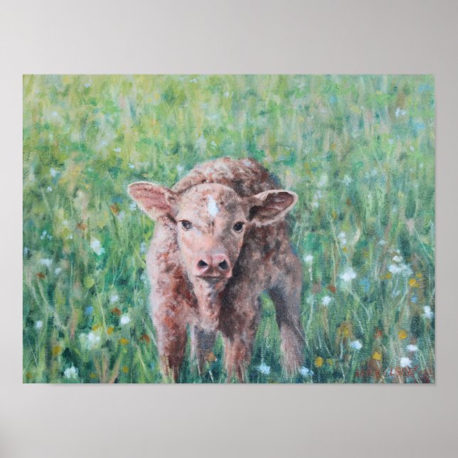 Cute Brown Calf i Flowers Fine Art Print Poster (Framsidan)