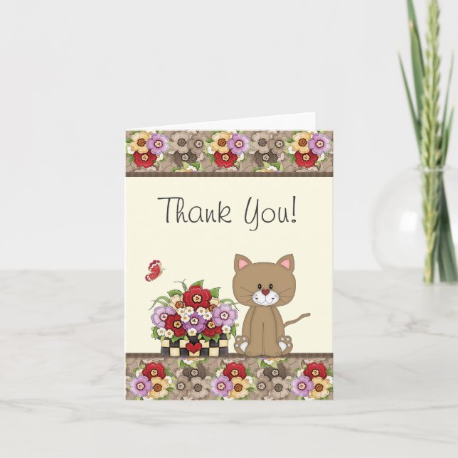 Cute Brown Cat, Flowers och Butterfly Tack Kort (Framsida)