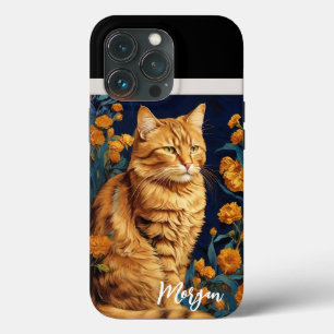 Cute Brown Cat Gula blommor Porträtt Van Gogh