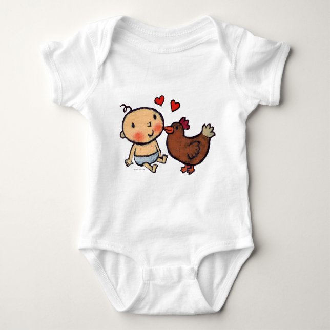 Cute Brown Chicken Peck på Cheek för Baby T Shirt (Framsida)