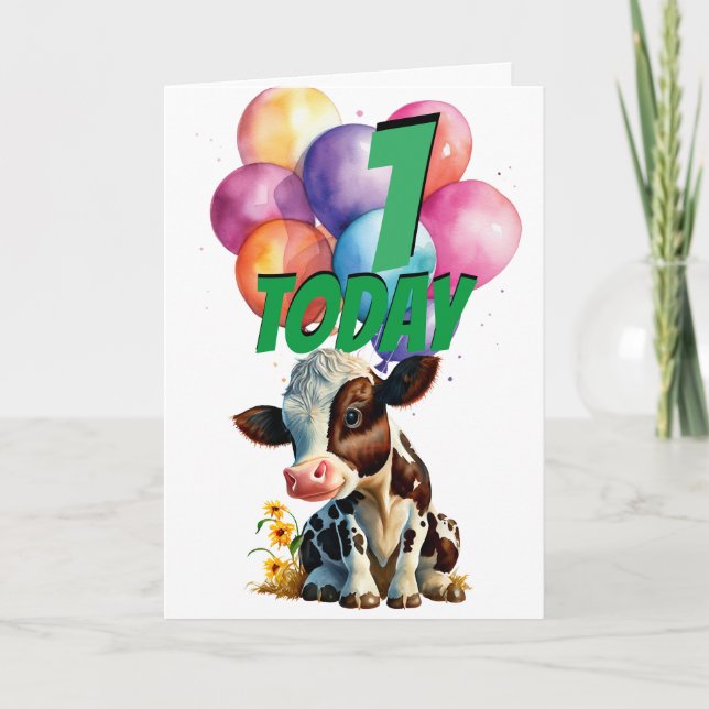 Cute Brown Cow-kort 1:a födelsedagskalkkortet Kort (Framsida)