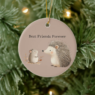 Cute Brown Cream Hedgehog Mouse Best Friends Julgransprydnad Keramik