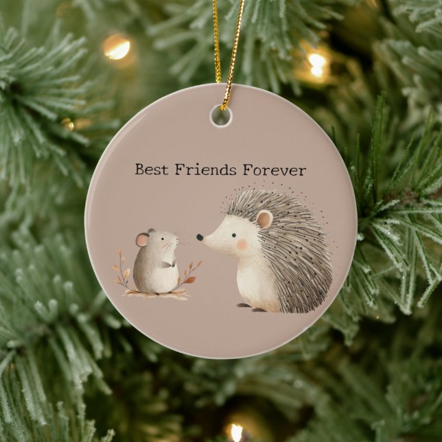 Cute Brown Cream Hedgehog Mouse Best Friends Julgransprydnad Keramik (Träd)