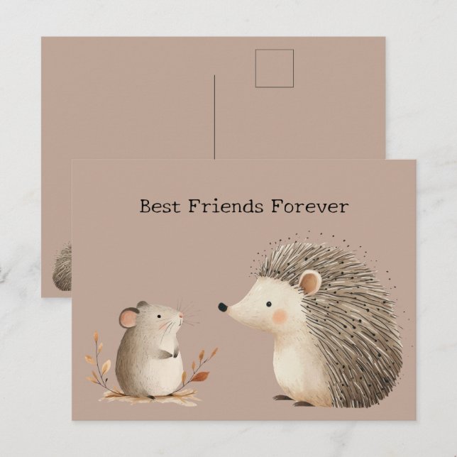 Cute Brown Cream Hedgehog Mouse Best Friends Vykort (Fram/baksida)