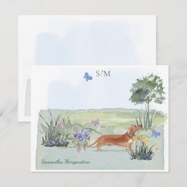 Cute Brown Dachshund Hund Butterfly Monogram Namn Anteckningskort (Fram/baksida)