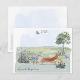 Cute Brown Dachshund Hund Butterfly Monogram Namn Anteckningskort