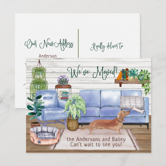 Cute Brown Dachshund Mysigt New Home Flytta Meddelande Vykort (Fram/baksida)