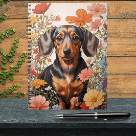 Cute Brown Dachshund och Cosmos Flowers Anteckningsbok