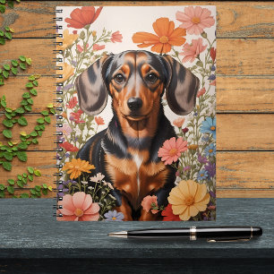 Cute Brown Dachshund och Cosmos Flowers Anteckningsbok