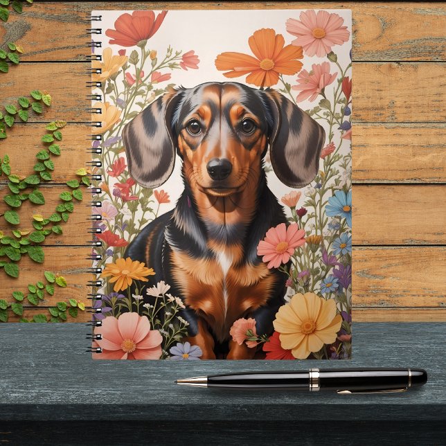 Cute Brown Dachshund och Cosmos Flowers Anteckningsbok (Skapare uppladdad)