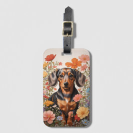 Cute Brown Dachshund och Cosmos Flowers Bagagebricka