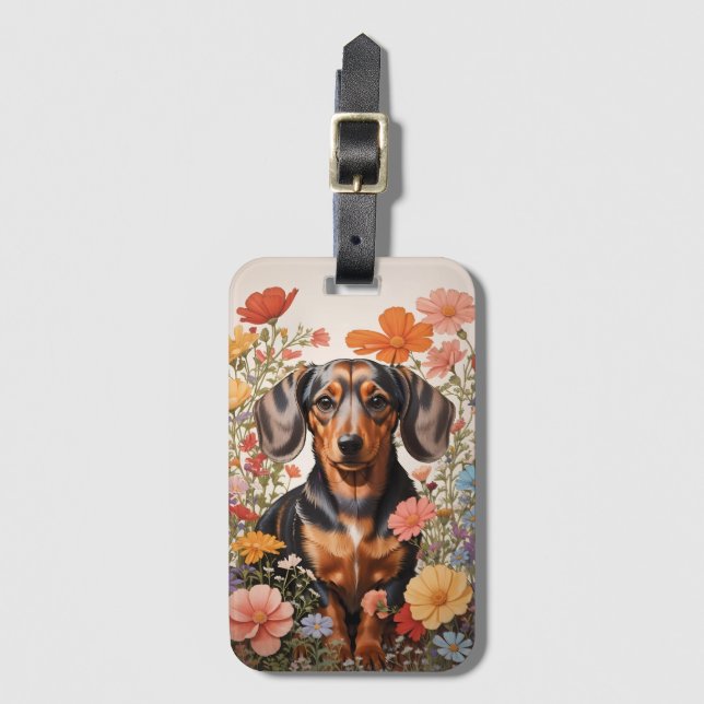 Cute Brown Dachshund och Cosmos Flowers Bagagebricka (Framsida vertikal)