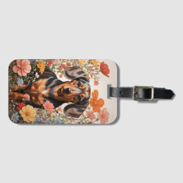 Cute Brown Dachshund och Cosmos Flowers Bagagebricka