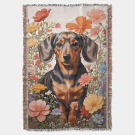 Cute Brown Dachshund och Cosmos Flowers Filt