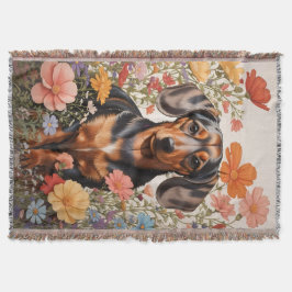 Cute Brown Dachshund och Cosmos Flowers Filt